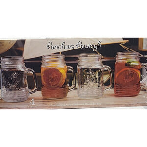 Anchors Aweigh, 17 oz., Nautical Anchor Embossed Mason Jar Mug, Set of 4 in Box